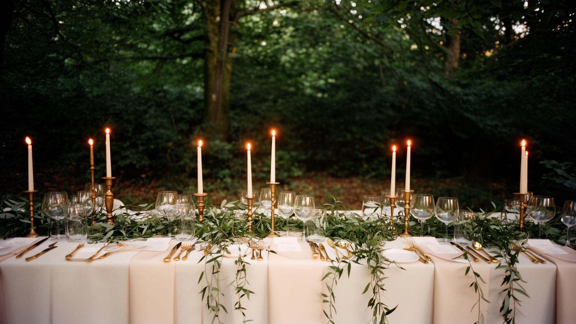 Long banquet table dressed with greenery and brass candlesticks at dusk